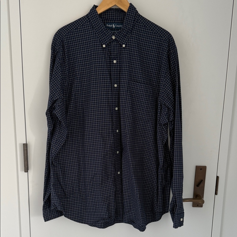 Ralph Lauren Men's Classic Fit Navy Check Button-Down One Pocket, No Pony 18|XXL